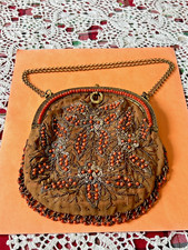 Antique Beaded CORAL SEQUIN Purse w/Ornate Gilt Metal Coral Frame - c.1920