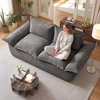 Convertible Sofa Bed Loveseat, Corduroy Futon with Removable Cushions & Pillows