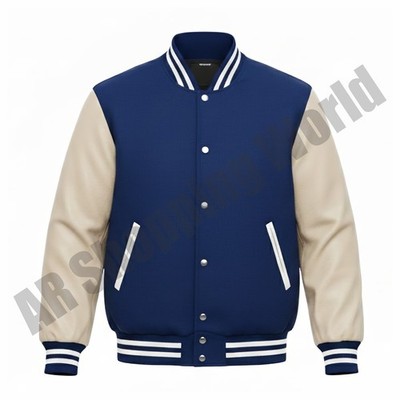 Blue Varsity Letterman Wool Body Genuine Leather Sleeves Baseball Bomber Jacket