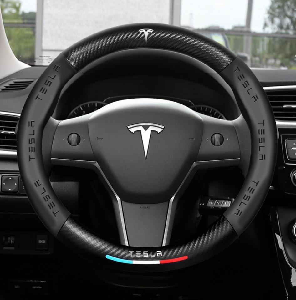 15"38cm Leather+Carbon fiber Steering Wheel Cover For Tesla  All model