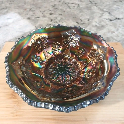 Antique Fenton Little Flowers Carnival Glass Cobalt Blue Small  Bowl/sauce