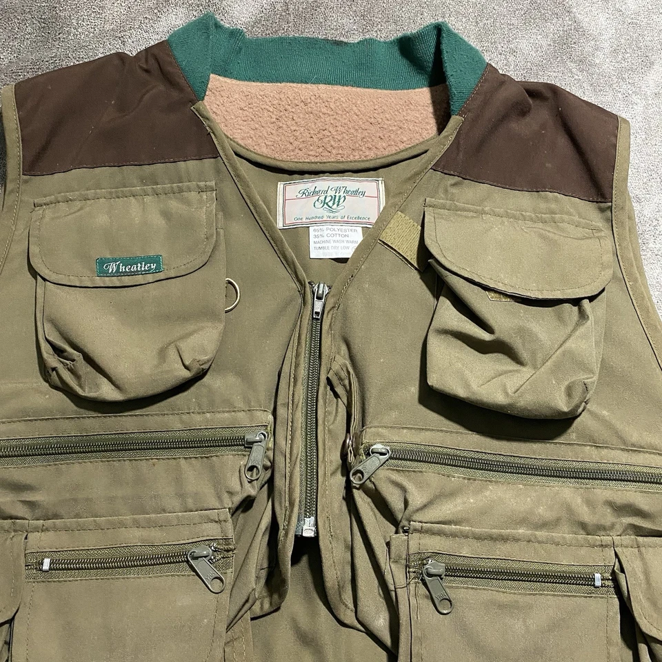 Vintage Richard Wheatley Fly Fishing Vest Mens XL Olive Green Brown Multi Pocket - Image 2 of 4