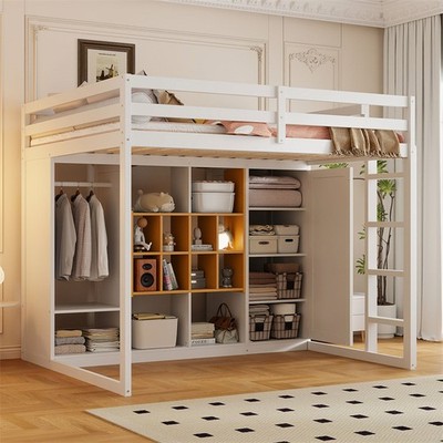 Full Size Wood Loft Bed with Open Wardrobe,Storage Shelves &Closed Cabinet,White
