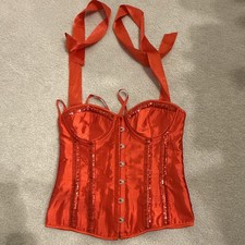 Red Satin Sequin Overbust Corset Bustier Halter Lace-Up Boned Underwire L