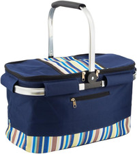 35L Insulated Picnic Basket with Lid Blue Multi Stripe Foldable