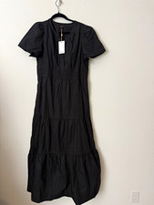 Quince 100% Organic Cotton Tiered Maxi Dress Black Puff Sleeve L NWT
