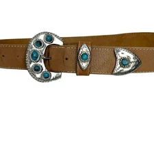 Vintage The Leather Shop Brown Tan Belt Sterling Silver Turquoise M Southwest