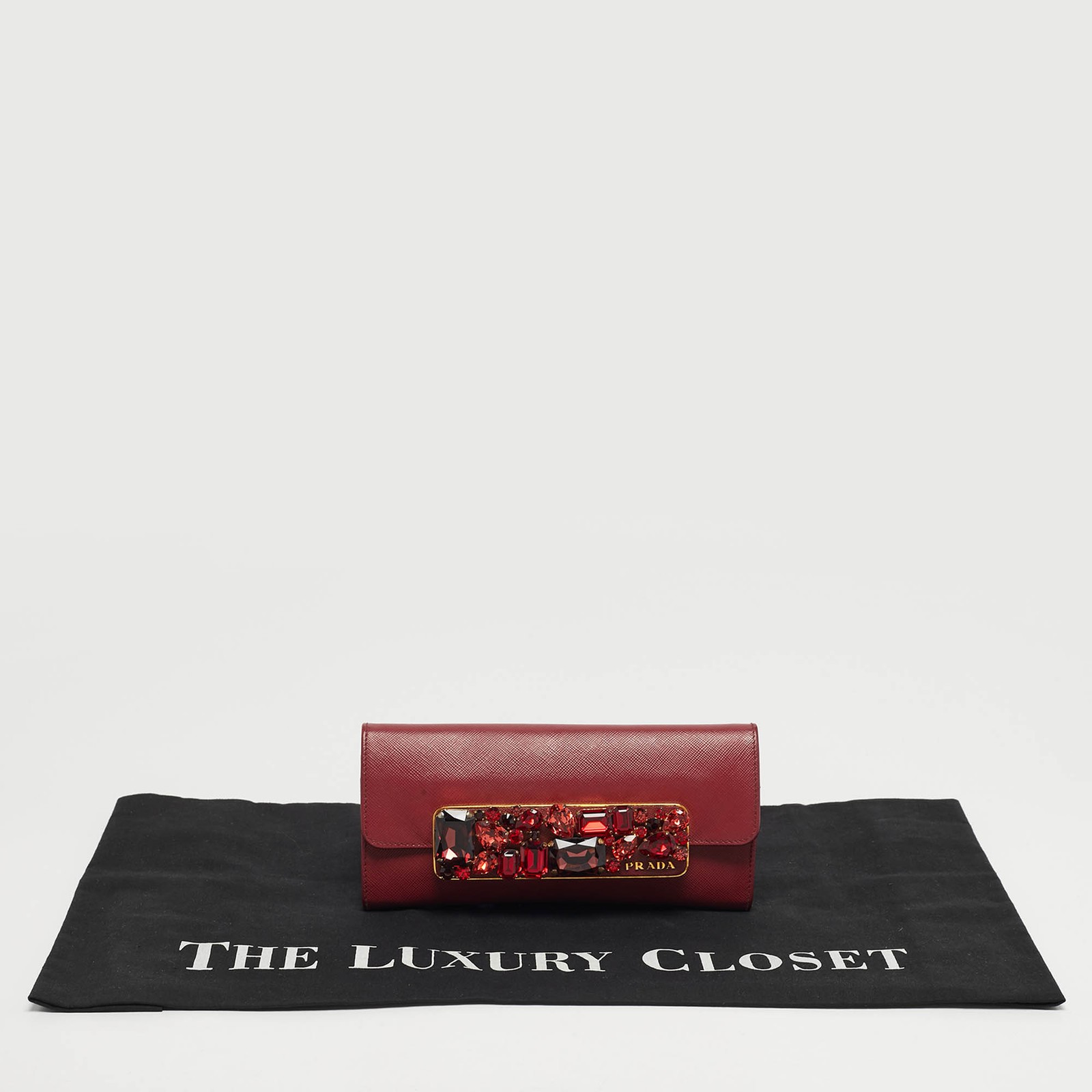 Prada Dark Red Leather Crystal Embellished Flap Continental Wallet thumbnail 7