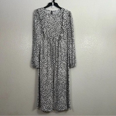 Alya Midi Dress Size S White Soft Cheetah Print Ruffle Long Sleeve Cottagecore