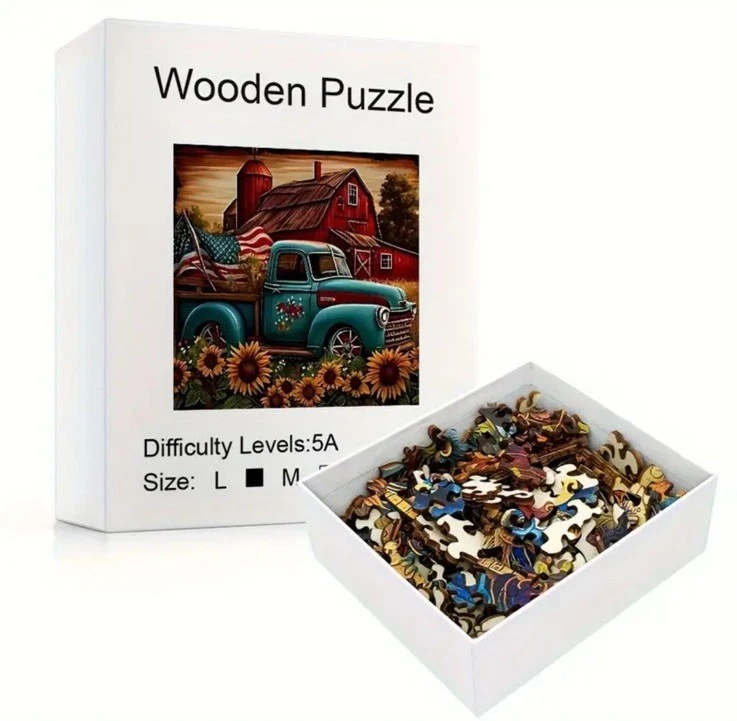 Деревянная головоломка старый грузовик и фермерская сцена, американский флаг лобзик 11 дюймов x 11 дюймов большой - Изображение 3 из 4