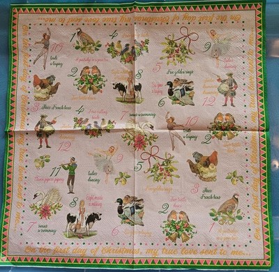 2 Individual  12 Days Of Christmas Christmas Luncheon Napkins 13x13 