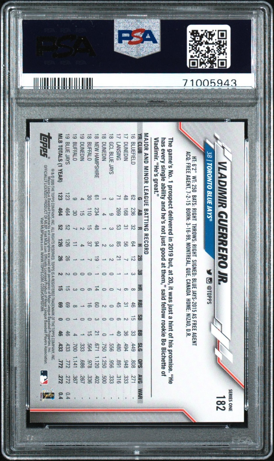 2020 Topps Vladimir Guerrero Jr. Blue Jays #182 PSA 10 Gem Mint view 2
