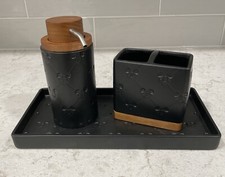 MICKEY 3pc Bath Set Black Wood Ceramic Debossed Tray Soap Pump Toothbrush Holder