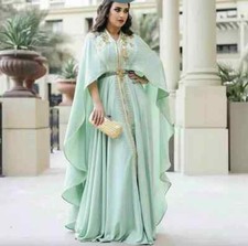 Mint Green Kaftan Prom Dresses Cape Long Sleeve Lace Applique Muslim EveningGown