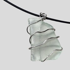 Silver Clasp Sea Glass Wire Wrapped Pendant Rubber Covered Wire Choker Necklace