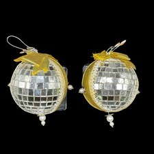 Pair Of Embellished Disco Ball Mirror Glass Ornaments Ribbon Faux Pearls