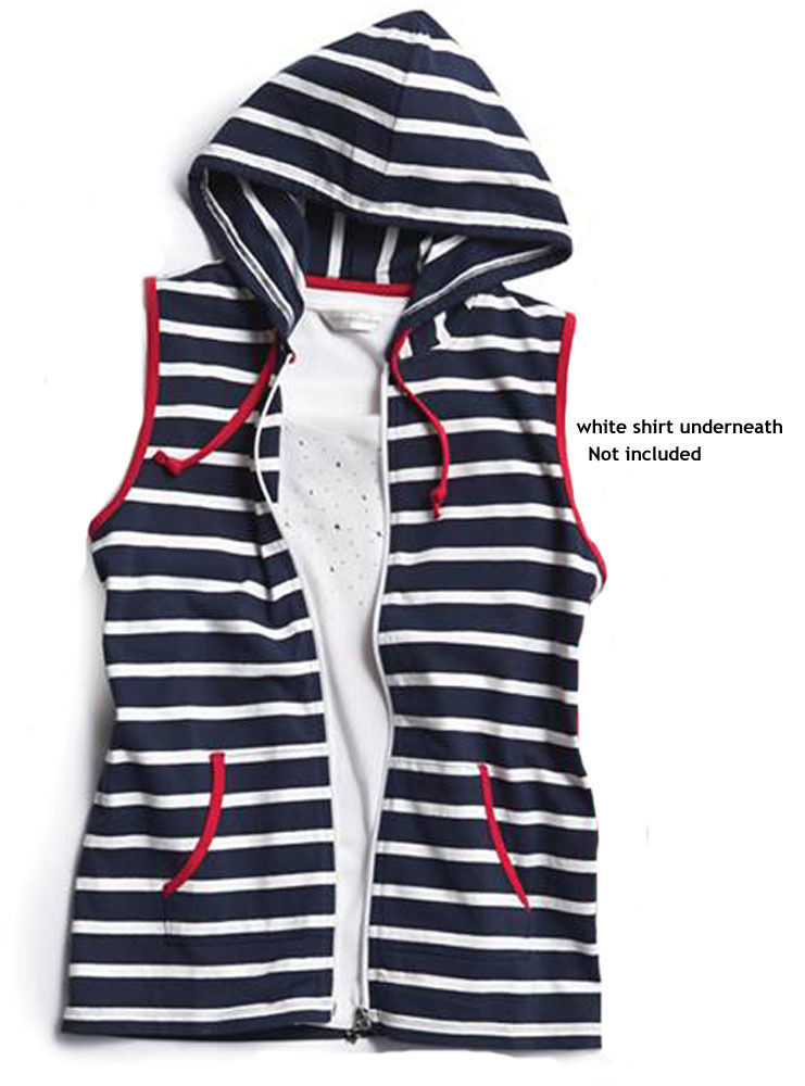 【BAON】[unisex] Wavan stripe hooded vest Striped Nautical Hooded Vest Size M Navy & White Zip front