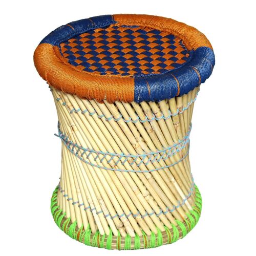 eGharonda Cane Wood Garden/ Home/ Bar/ Restaurant Stool/ Mudda (Blue Orange)