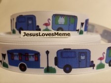 Grosgrain Ribbon Blue Camper Trailer RV Flamingo Camping River Vacation 7/8"