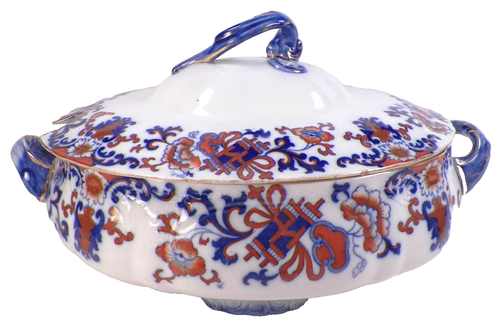 Royal Doulton Nankin Soup Tureen Flow Blue Red Flowers Gold 9242 Antique Beauty - Picture 1 of 12
