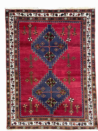 VINTAGE KAZAK RUG, HAND MADE TRIBAL CAUCASIAN WOOL RED CARPET 6'4" X 4'9" CLEAN