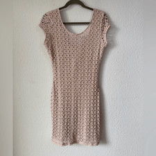 Free People Crochet Lace Bodycon Mini Dress M Scoop Neck Beige Y2K Boho Hippie