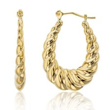 1" Oval Shiny Polished Graduated Twisted Hoop Earrings Real 14K Yellow Gold