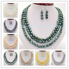 3 Rows Real 8-9mm Natural Freshwater Baroque Pearl Necklace Earrings Set 18-20"