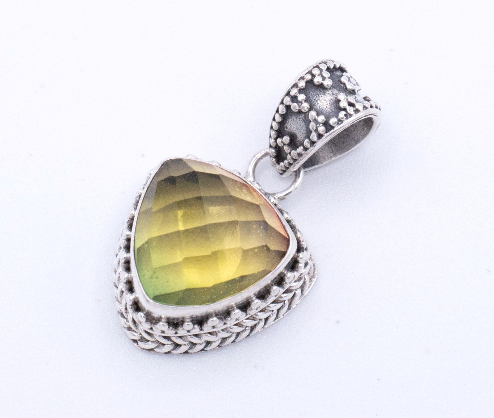 Sterling Silver 925 Green Tourmaline Trillion Cut Bezel Set Milgrain Pendant Sterling Silver 925 Green Tourmaline Trillion Cut Bezel Set Milgrain Pendant