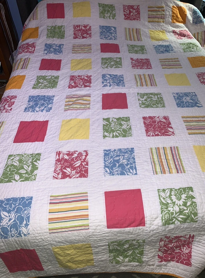 Colorful Queen Size Quilt 90”x90” Double Sided White Pink Orange Yellow (Q215) - Image 2 of 4