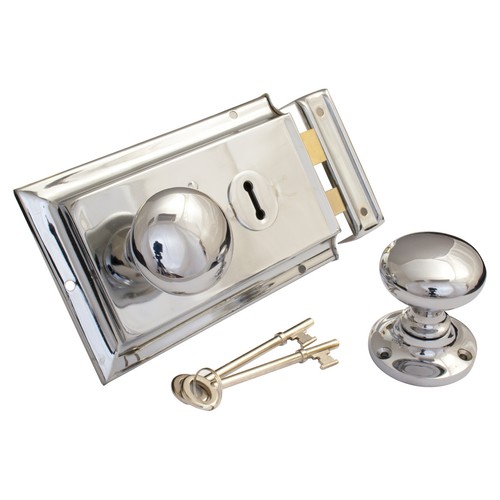 Rim Lock & Knob Set CHROME + 2 Keys Lock Size155 x 105mm