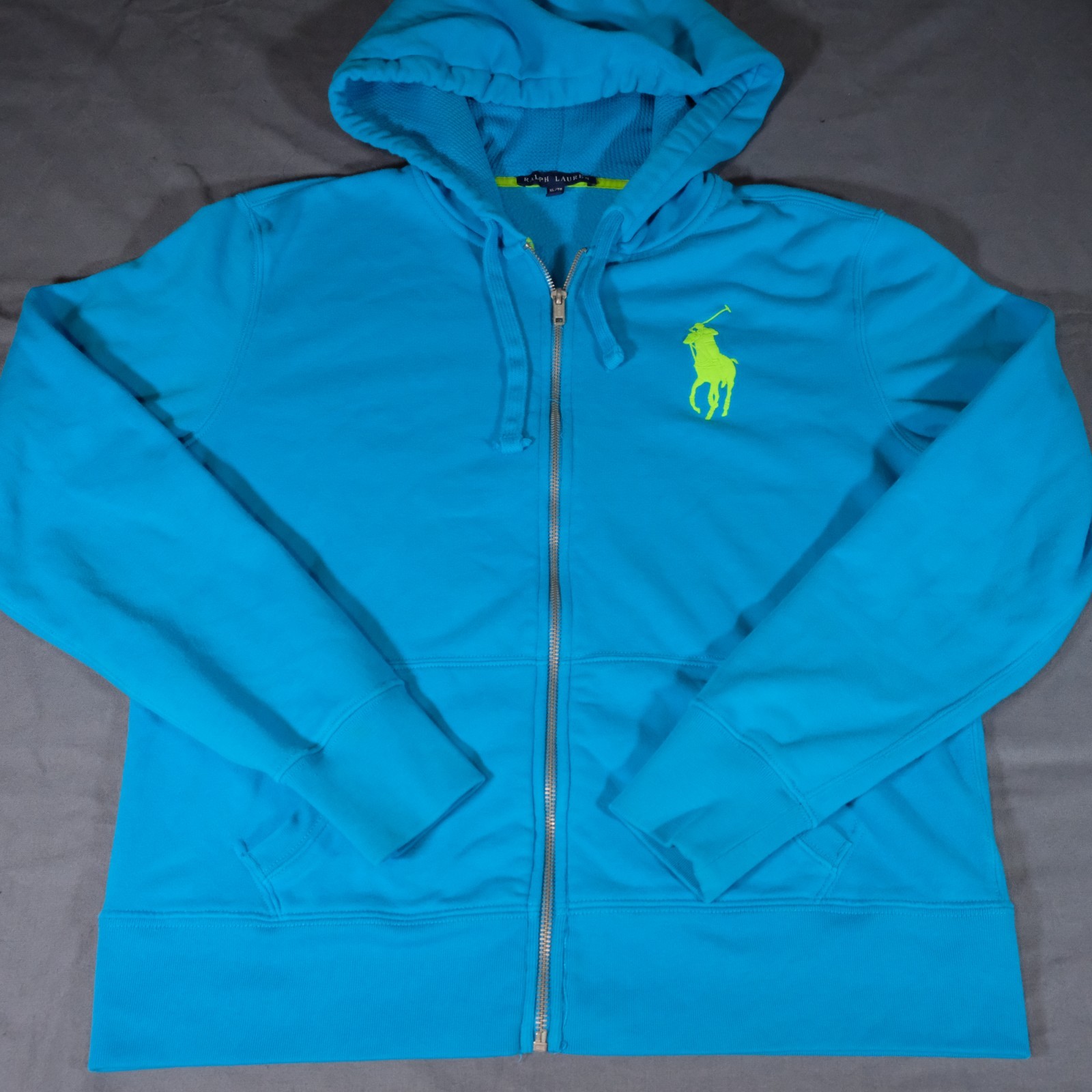 Vtg Polo Ralph Lauren Hoodie Womens XL Blue Big Pony Full Zip Thermal Hood Y2K