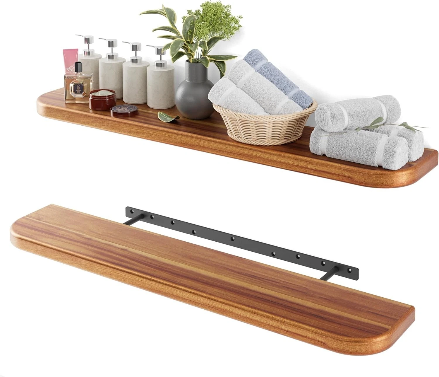 36" Acacia Wood Floating Shelves Wall Mounted Round Edge – Rustic Farmhouse