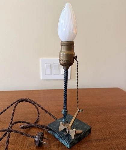 Antique Brass And Green Lamp Push Anchor Turn On Unique Working 10”