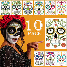 Day of the Dead Face Tattoos 10 Pcs Halloween Sugar Skull Temporary Tattoos
