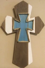 Wall Cross Brown/White Wood with Turquoise Middle (surrounded in string) 12x8