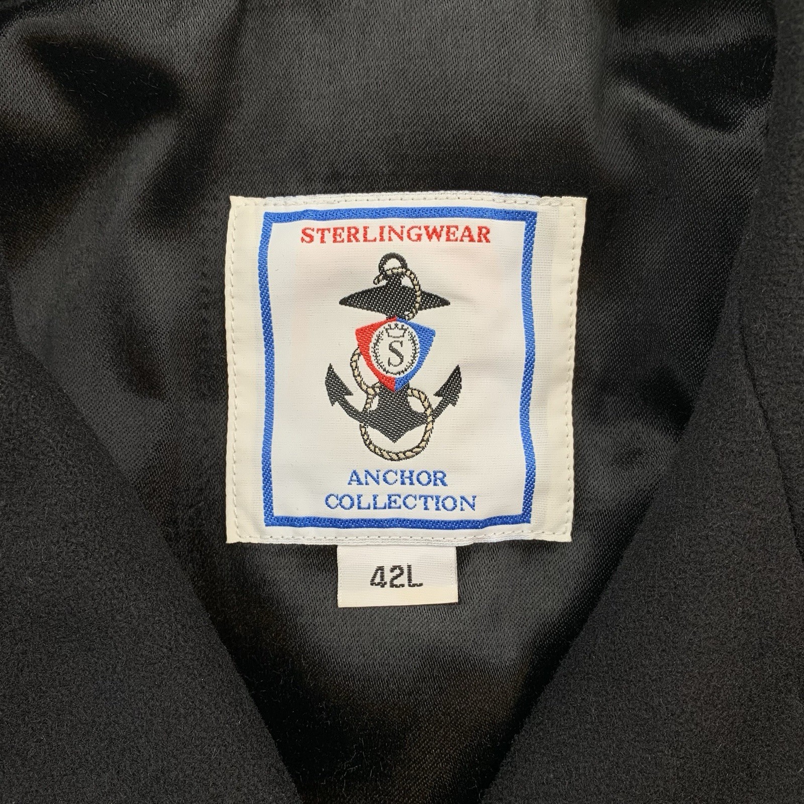 Mens 42 L Sterlingwear " Anchor Collection " Solid Black DB Wool Blend Pea Coat