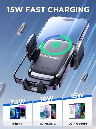 Chargeur Voiture Sans Fil, 15W Qi Charge Rapide Serrage Auto Chargeur Voiture Téléphone - Photo 2 sur 7
