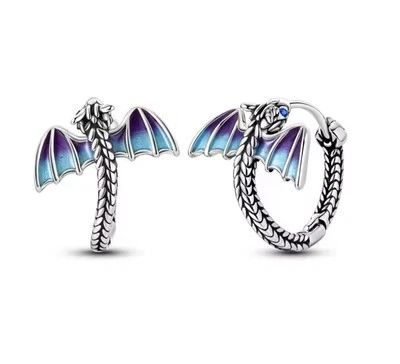 Boucles D’Oreilles Cerceau Argent Sterling Émail Dragon Violette Femme Fille - Photo 1/4