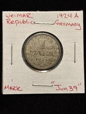 1924 A Germany Mark Silver Circulated “jun39” Weimar Republic 1 Mark