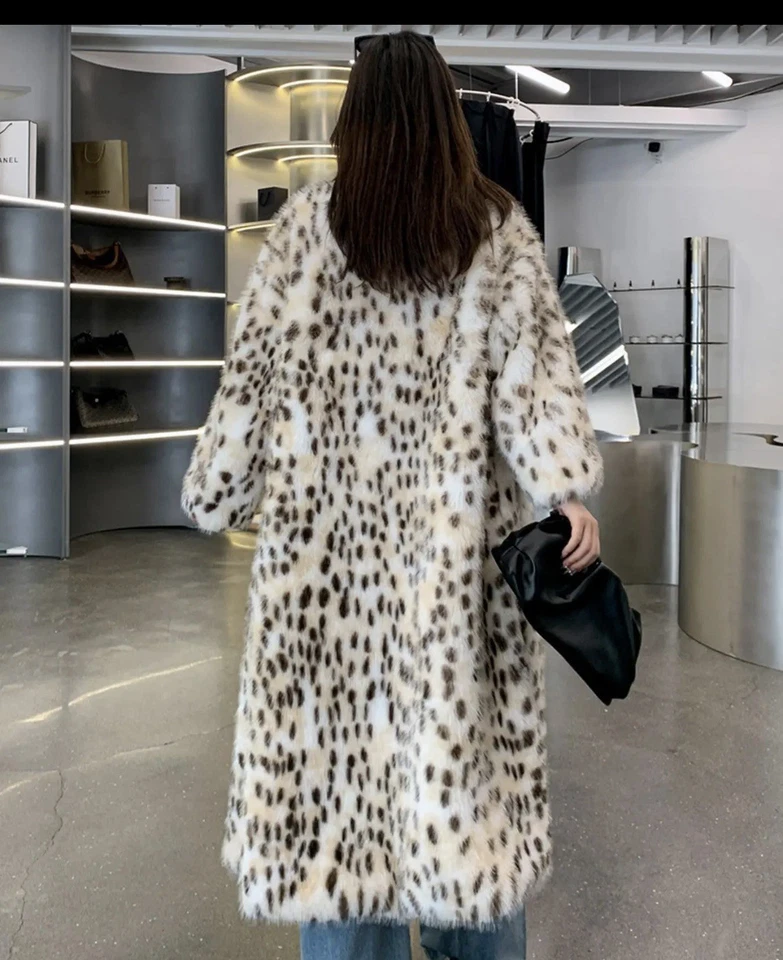 Abrigo cortavientos para mujer estampado de leopardo de piel sintética lana cálido invierno piel de visón Foto 3 de 4