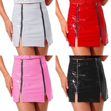 Women's Wetlook High Waist A-line Mini Skirt Front Double Zippers Clubwear
