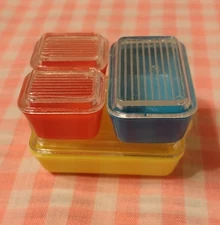1960s Barbie Sized Rare Banner Pyrex Primary Kitchen Mini Refrigerator Dish Set