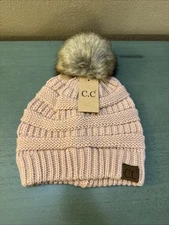 C.C. Brand Beanie Indi Pink Soft Stretch Cable Knit Faux Fur Pom Pom CC Hat -New