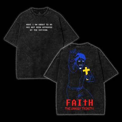 FAITH The Unholy Trinity Horror Game T-Shirt   Vintage Washed Pixel Exorcist Tee