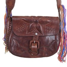 Vintage Hand Tooled Brown Leather Crossbody Bag Colorful Strap Floral Purse