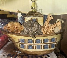 Noah's Ark Animal Figurine Table Lamp Ceramic Cone Shade Religious Theme