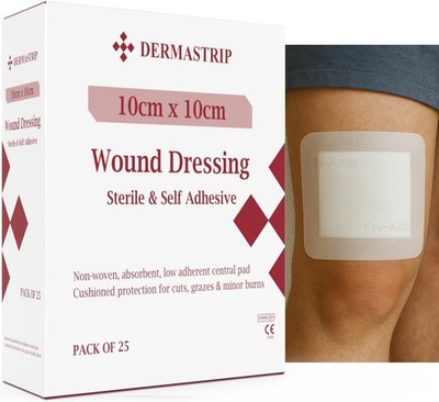 25 Stück - 10 cm x 10 cm DermaStrip sterile, große selbstklebende Wundauflagen