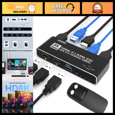HDMI KVM Switch 2 Computers 1 Monitor, 8K 60Hz 4K 165Hz, USB 3.0 Hub, IR Remote