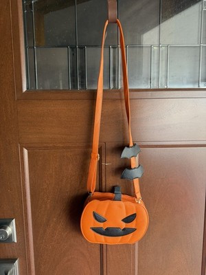 Halloween Pumpkin Crossbody Bag Orange Jack-O -Lantern Purse with Bats
